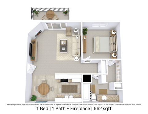 Floor plan for 1 bed, 1 bath, 662 sqft